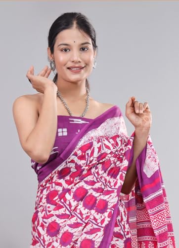 Image of Crafts Moda Pure Cotton Floral Print Saree with Blouse for Women