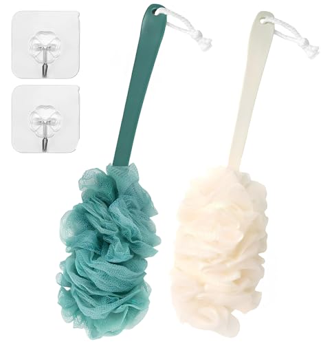 2 Pieces Back Brush Scrubber Shower Loofah Long Handle Bath Brush Shower Body Brushes with Bath Net Sponge Soft Mesh for Exfoliating and Removing Dead Skin for Men and Women(Blue and Beige)