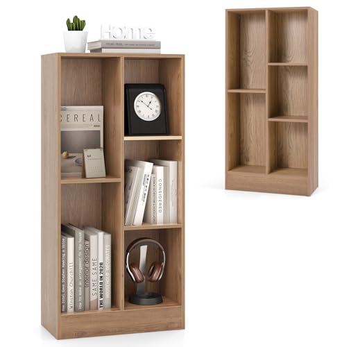 KOMFOTTEU Librería Abierta con 5 Compartimentos, Estantería para Libros de 3 Niveles, Mueble de Almacenamiento con Dispositivo Antivuelco, Biblioteca para Salón Dormitorio, 50 x 24 x 104 cm (Natural)