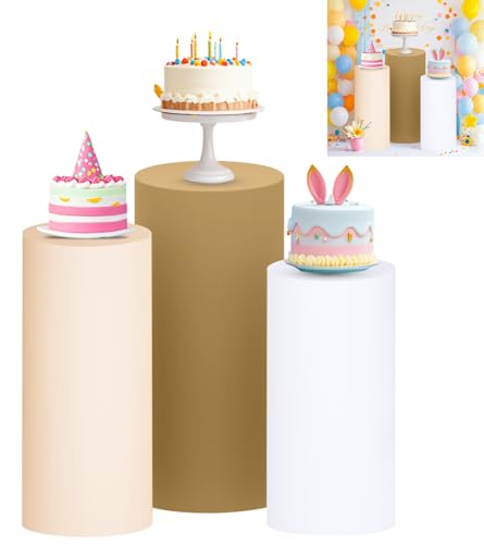 PATYDEST Pedestal Covers Cylinder Stands Cover Set of 3 Brown Spandex Cake Table Stand Covers for Parties Plinth Stand Pillar Cover for Party Birthday Wedding Ceremony Banquet Baby Shower Decorations