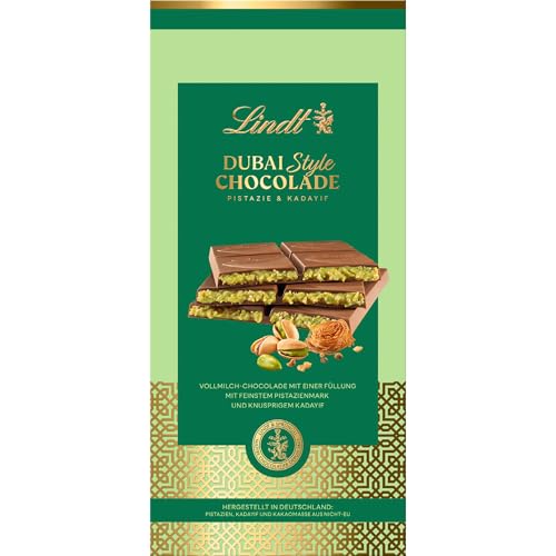 Lindt Dubai Style Chocolade | 150g Tafel | Feinste Vollmilch-Chocolade mit feinster Pistazienmark, Pistazien- und Mandelkrokant und knuspriger Kadayif Füllung | Schokoladentafel | Schokoladengeschenk