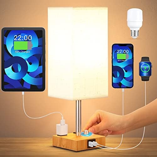 aooshine Fully Dimmable Table Lamp with USB C Solid Wood Bedside Lamp with USB C+A Ports and Dual AC Outlets, Bedroom Lamp with Dimmable Bulb, Nightstand Light Small Lamp for Living Room(Beige)