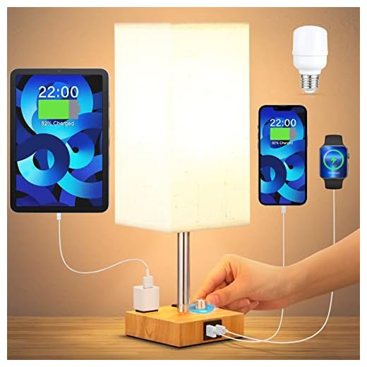 aooshine Fully Dimmable Table Lamp with USB C Solid Wood Bedside Lamp with USB C+A Ports and Dual AC Outlets, Bedroom Lamp with Dimmable Bulb, Nightstand Light Small Lamp for Living Room(Beige)