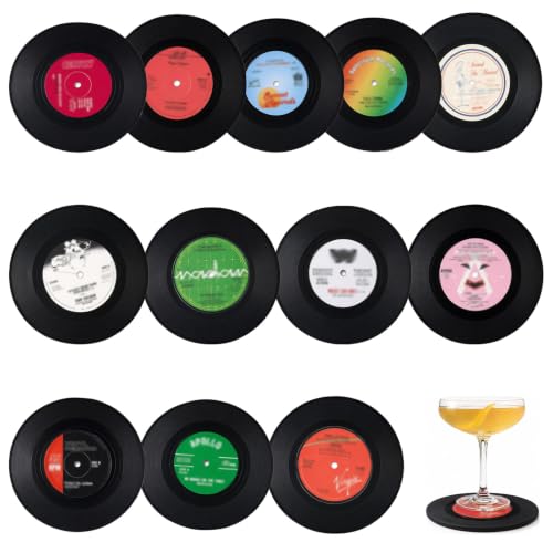 12 St&uuml;ck Untersetzer aus Holz,10.5cm Retro rutschfeste Schallplatten Design