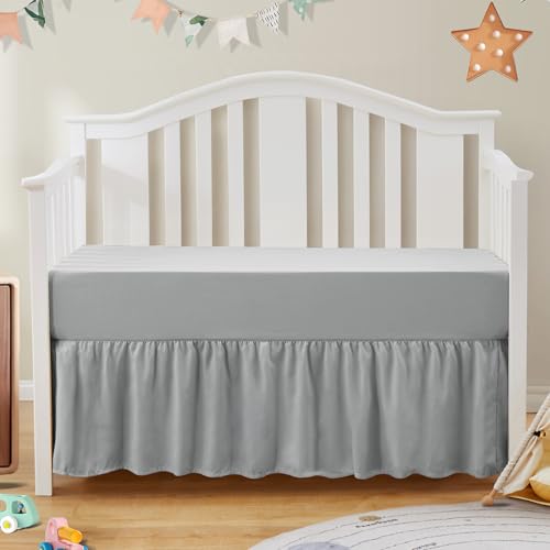 Image of SiinvdaBZX 2-Piece Set Ruffled Crib Skirt & Soft Microfiber Fitted Crib Sheet, 52"x28" + Adjustable Elastic 14" Drop, Fit for Baby Standard Crib & Nursery Toddler Bedding (Grey)