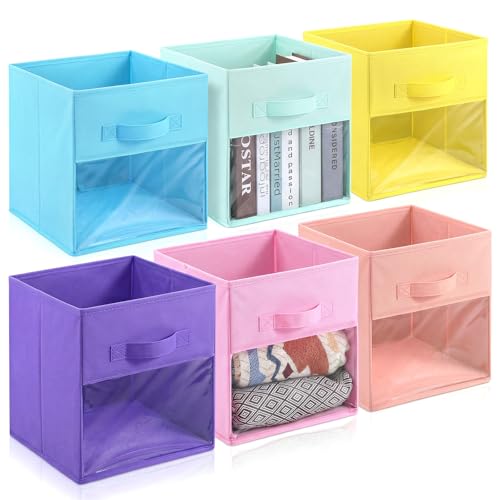 kenaeooe 6 Pack 10.5x10.5x11 Inch Fabric Storage Cubes with Clear Window, Foldable Organizer Bins with Handles for Clothes, Books, Multi-Color by kenaeooe - Used condition - US$20.83
