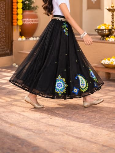 Image of KiddoPanti Girls Organza Ethnic Skirt | Flared Maxi Skirt with Sateen Lining | Half Elastic Waist | Ethnic Bottom | Age 1-14 Years