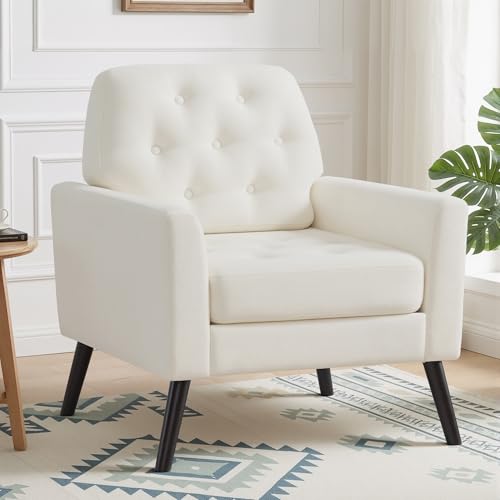 YUUIJOAA Accent Chair for Living Room, Mid Century Modern Reading Chair, Upholstered Armchair with Tufted Back & Wood Legs, Single Sofa Side Chair for Bedroom Small Room Office Apartment, White