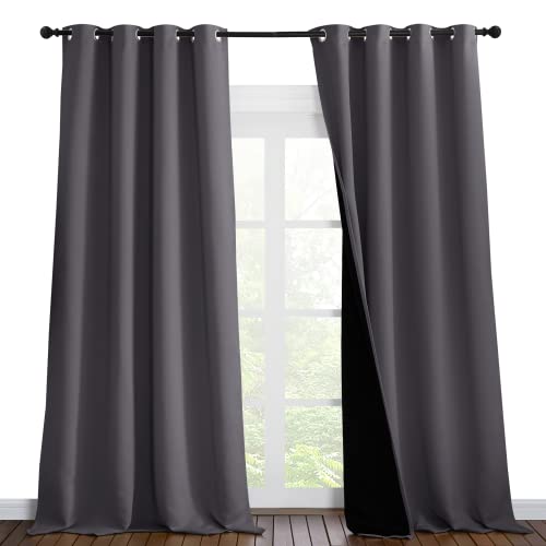 NICETOWN Total Shade Curtains and Draperies, Heavy-Duty Full Light Shading Drapes with Black Liner Backing for Villa/Hall/Dorm Window(Gray, Package of 2 Panels, 55 inches Wide x 96 inches Long
