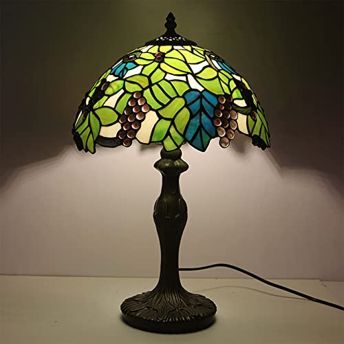 GDXH Pastorale Kristallperlen Traubengrüne Blätter Tischlampe Schlafzimmer Nachttischlampe, 12 Zoll Tiffany-Stil Blau Weiß Buntglasschirm Schreibtischlampe mit Legierungssockel Cover