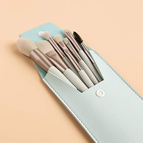 Tohervie Makeup Brushes Set With Bag, 8Pcs Travel Makeup Brush Kit, Mini Cosmetic Brushes For Face Foundation Blush Eye Shadow, Wooden Handle Synthetic Bristle (Light Green) #TOP5