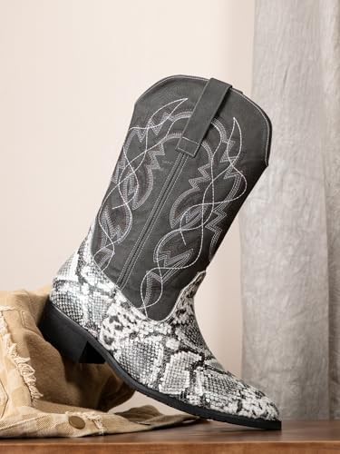 Image of Men's cowboy boots round toe boots embroidered with traditional Western country artificial snakeskin pattern