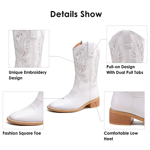 Easyfox Cowboy Boots For Women Modern Western Embroidered White Cowgirl Boots Mid Calf Square Toe Low Chunky Heel Pull On Boots White Shoes Size 8.5 #TOP3