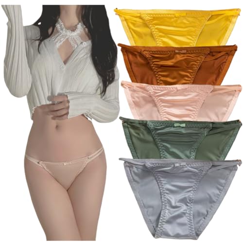 [VIVISHOW] ショーツ レディース サテン 光沢 レギュラー フルーバック セクシー Gストリング 食い込まない 女性用下着 パンツ 福袋 5枚組（Lサイズ)