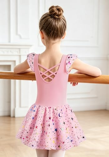 Image of DANSHOW Ballet Leotards for Girls Dance Skirted Leotard Kids Ballet Tutu Dress Toddler Shiny Ruffle Sleeve Dancewear