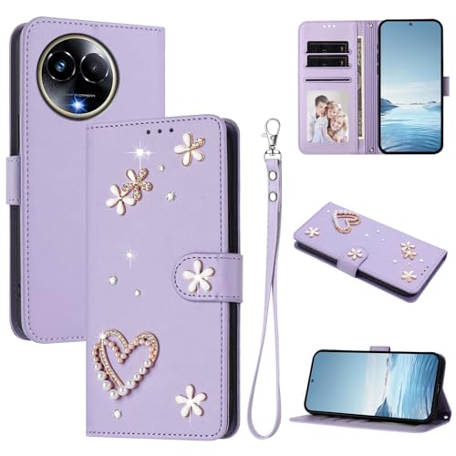 Jiajihua Case Compatible with Realme 11 5G / 11X / C67 5G / V50s / V50,Compatible with Realme Narzo 60x Lanyard【Card Holder Wallet Flip Cover Magnetic Buckle Kickstand】 Purple