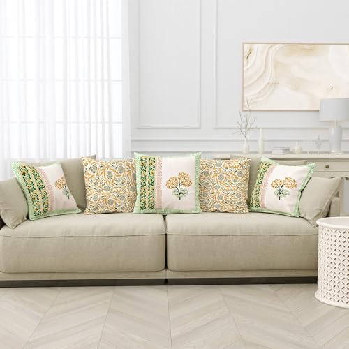 Image of BLOCKS OF INDIA Hand Block Printed Cotton Linen Cushion Cover (16 x 16 inches) (DYE Green Yellow Half)