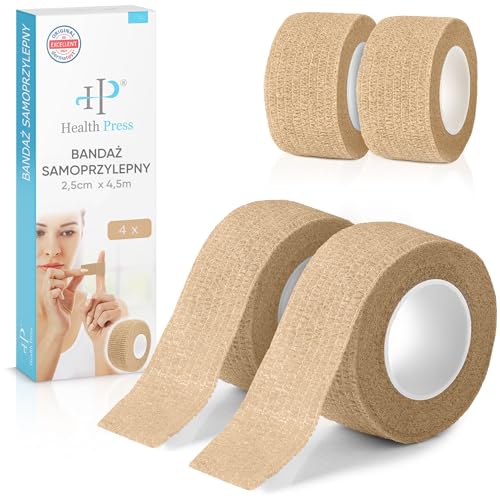 Health Press® Samoprzylepny Plaster na Palce – 4 Rolek Beżowy (2,5cm x 4,5m) | Wodoodporny Plaster | Elastyczny Bandaż Mocujący | Taśma Odporna na Kurz, Tłuszcz i Brud na Palce i Dłonie