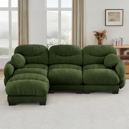 KEIKI 116-Inch L-Shaped Modular Sectional Sofa, Chenille Cloud Couch, Green | Flexible corner layout creates an open lounge zone, while pleated back cushions, curved arms and plush foam add cozy support.
