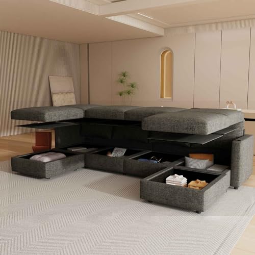 Image of QHITTY Convertible U Shaped Modular Sofa with Cup Holder, Sectional Couch with Storage Space, Living Room Sofa Bed- Grey