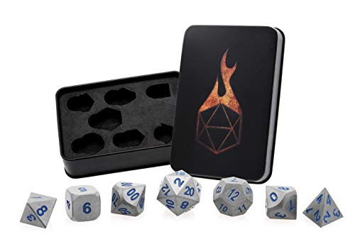Forged Dice Co. Metal Polyhedral Dice Set of 7 - Storage Tin and Stickers - Metal Gaming Dice for RPG Games Battle Steel w/Blue Numbers