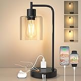 QiMH Industrial Touch Control Table Lampwith USB A+C Ports and AC Outlet, 3-Way Dimmable Bedside Nightstand Reading Lamps with Light Bulb, Glass Desk Lamp for Bedroom, Office