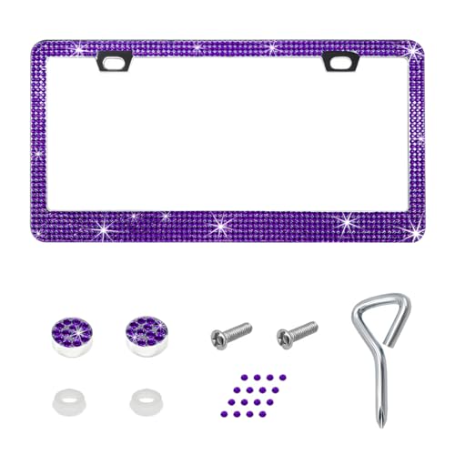 BWBWND Bling License Plate Frame Sparkly Bedazzled Auto Tag Holder with Mounting Kit Handcrafted Crystal Stainless Steel Licence Plate Cover for Women Girls Car Accessories (Purple)