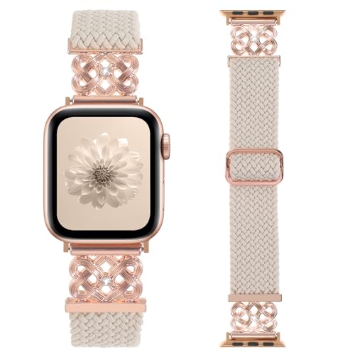 Stretchy Braided Band For Apple Watch Bands 38mm 40mm 41mm 42mm 44mm 45mm 46mm 49mm for Women, Nylon Solo Loop Elastic Soft Lightweight Sport Strap for iWatch Series 10/9/8/7/6/5/4/3/2 SE Ultra (Starlight/Rose Gold, 38mm/40mm/41mm/42mm(Series 10))