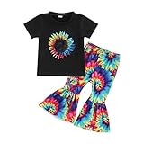 Rtnnsbbfcm Western Baby Girl Clothes Toddler Summer Cow Floral T-shirt Tops Leopard Tie Dye Bell Bottom Flare Pants Outfit (Colorful,4-5T)