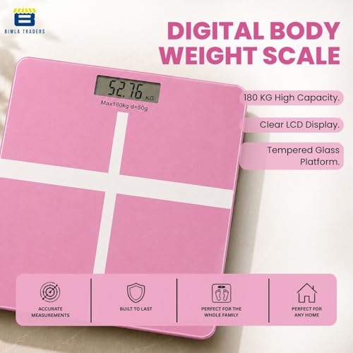Image of Btag Premium Digital Body Weight Scale | 26x26 cm Wide Platform | Clear LCD Display | Anti-Skid Base | 180 kg Capacity Cross Design (Pink)