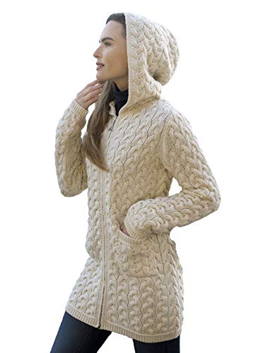 Aran Crafts Women's Soft Irish Chunky Cable Knitted Coat, 100% Super Soft Merino Wool, Authentic & Traditional, Fisherman Sweater-Style Knit, Made In Ireland, Hd5037-Med-Nat Natural #TOP23