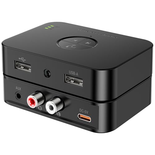 Boannice Récepteur Audio Bluetooth 6.0 avec Port de Charge USB, Sortie Synchrone Dual-Link et AUX/RCA, Microphone Ultra-Clair à Réduction de Bruit, Fonctionnalité de Lecture de Clé USB