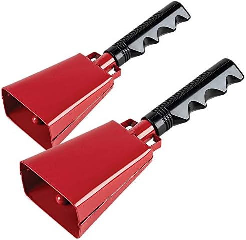 2 pack 7 in. steel cowbell/Noise makers with handles. Cheering Bell for sporting, football games, events. Large solid school hand bells. Cowbells. Percussion Musical Instrument. Cow Bell Alarm (Red)