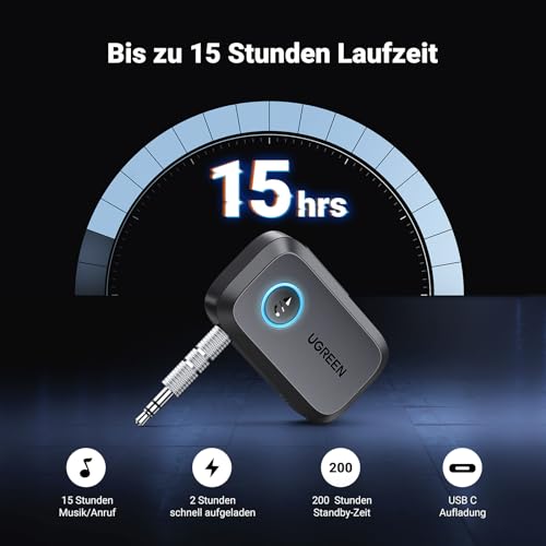 UGREEN Aux Bluetooth Adapter Auto Bluetooth 6.0 Empfänger Freisprechanruf, Stereo Musik, Dualer Kopplung mit 15 Stunden Spielzeit Klinke Adapter für Autoradio/Stereoanlage (Grau)