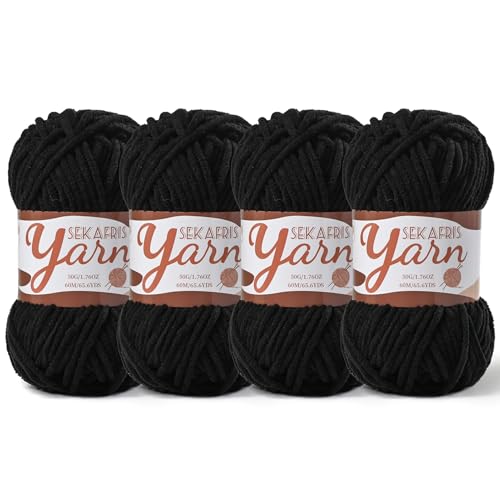 Image of 4 Pack Fluffy Velvet Yarn for Crocheting，Baby Blanket Yarn for Crocheting Soft，200g(262.4yds) Amigurumi Yarns，Plush Chenille Crochet Yarns，Puzzle Yarn for Crochet Weaving Craft(4 Black)