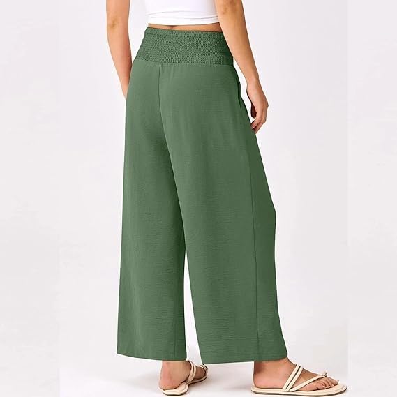 Women's Smocked Waist Wide Leg Palazzo Pants, Women Summer Smocked High Cotton Linen Palazzo Pants with Pockets3