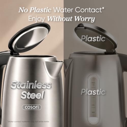 Image of Cosori Stainless Steel Electric Kettle, No Plastic Contact with Water, 1.7L | Easy to Clean, Auto Shut-Off, Boil-Dry Protection, Tea Kettle, Hot Water Boiler, 1500W