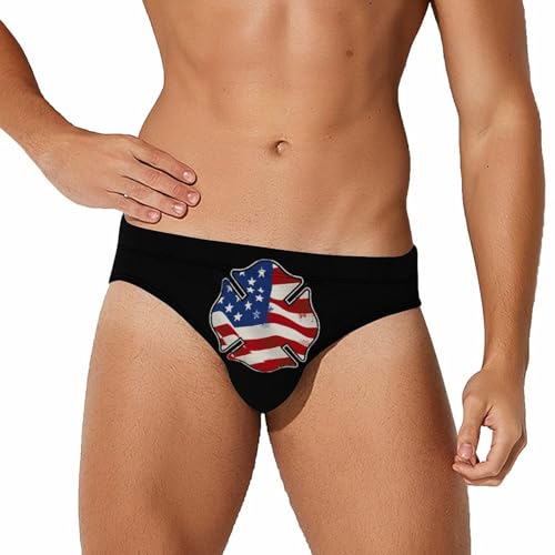 Firefighter with U.S. Flag Mens Swim Briefs Sexy Bikini Swimwear Bathing Suits Trunks
