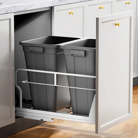 Insputer Double 40QT Pull Out Trash Can Under Cabinet, Heavy Duty Under Sink Garbage Bin Kit with Soft-Close Slides for Kitchen, Laundry, Requires Minimum Cabinets Opening 15" W X 24" D Cover