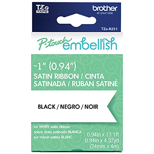 Image of Brother P-Touch Embellish Black Print on White Satin Ribbon TZE-R251 - ~1 inch inch Wide x 13.1' Long (24mm x 4m /4.37 yds) (TZER251)