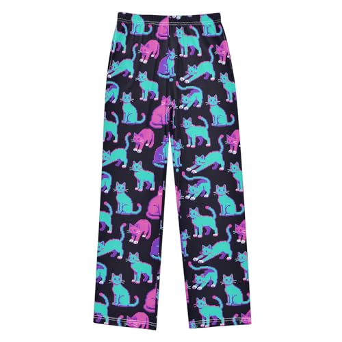 Yuiboo Cat Neon Youth Lounge Pajama Pants Loose-fit Sleepwear PJ Bottoms Indoor Outdoor with Pockets 6-8Y