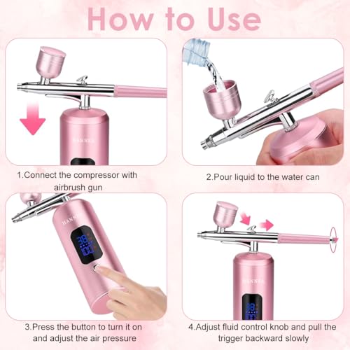 Image of HANNEA Cordless Airbrush Kit, Rechargeable LCD Airbrush Spray Gun with 3 Pressure Level, 0.3mm Nozzle, Portable Airbrush Compressor for Painting, Makeup, Nails, Model Craft, Pink