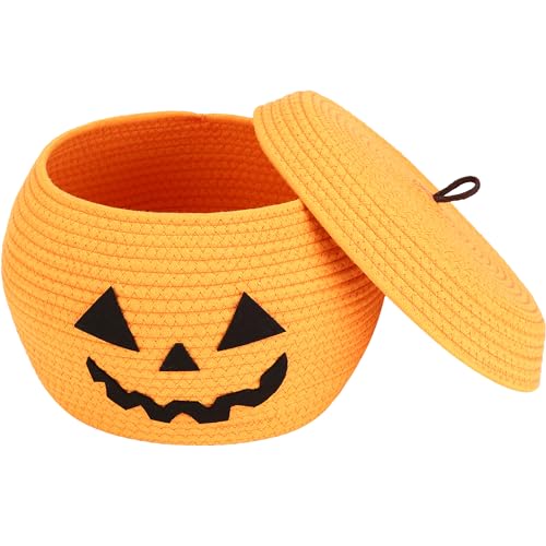 Sea Team Round Cotton Rope Storage Basket with Lid, Halloween Pumpkin Woven Storage Bin, Pot, Caddy, Organizer, Container for Snacks, Towels, Plants, 13 x 9 Inches (Large, Orange)