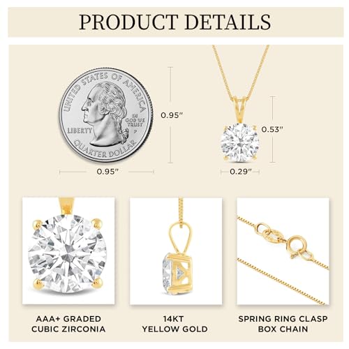 Everyday Elegance Solid 14K Yellow Gold Cubic Zirconia Solitaire Pendant Necklace for Women in Round Cut | 2 CTW CZ | .60mm Thickness | 16 Inch Length | Box Link Chain| With Gift Box by Everyday Elegance - Image 3