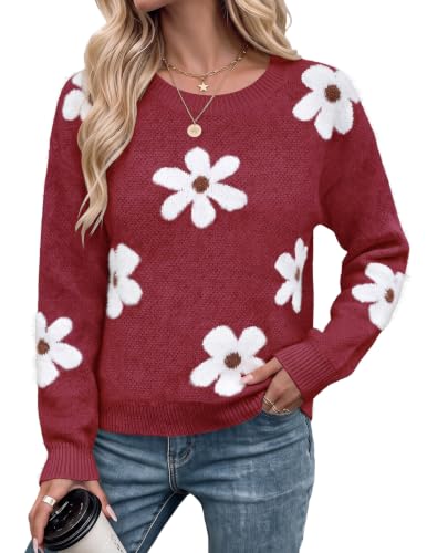 Libsorge Women's Floral 2026 Pullover Round Neck Sweaters Dressy Tops | Women's 2026 Floral Sweaters Casual Long Sleeve Fall Winter Knit Comfy Crew Neck Pullover Sweaters Dressy Casual Soft Tops