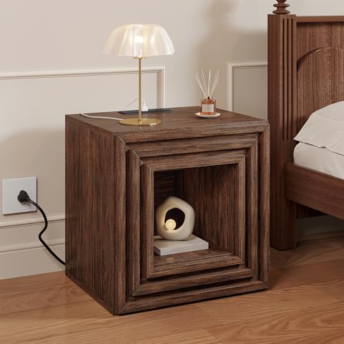 YITAHOME Farmhouse End Table, 2-Tier Square Night Stand with Drawer & Charging Station, Couch Sofa Side Table with Anti Tipping Kits for Living Room, Lounge, Hallway, Rustic Walnut 1 PC