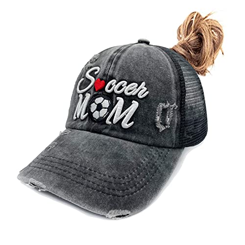 Waldeal Distressed Womens Ponytail Hat Embroidered Soccer Mom Messy Bun