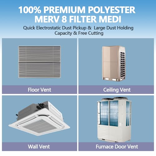 Image of MERV 8 Air Vent Filters, 12 inch x 100 inch Cut to Size Air Filter Material, Triple Vent Filter HVAC Furnace Filters Kit for Home Floor Register, Ceiling, Grilles, with 48Pcs Adhesive Hook Tape