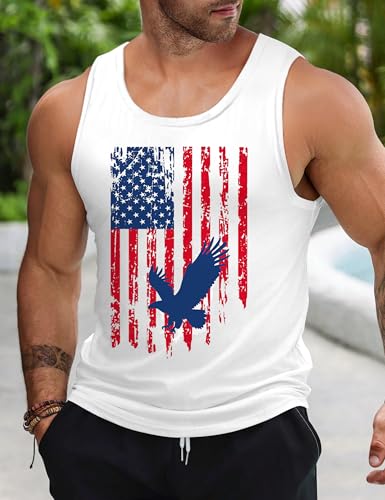 Mens Tank Top American Flag Eagle Muscle Workout Gym 4th of July Tank Tops for Men Patriotic Graphic Summer Beach White Fourth of July Shirts for Men