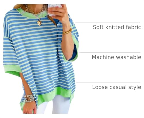 Image of SHEWIN Womens Oversized Tops Crewneck Striped Sweatshirt Pullover Shirt